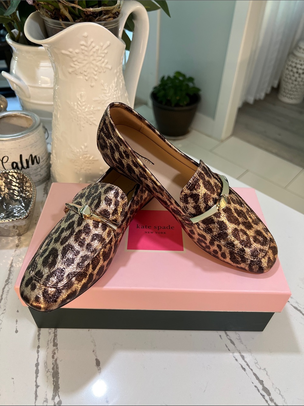 Kate Spade New York Lana Leopard Print Metallic Bit Loafers - Gold/Brown size 7